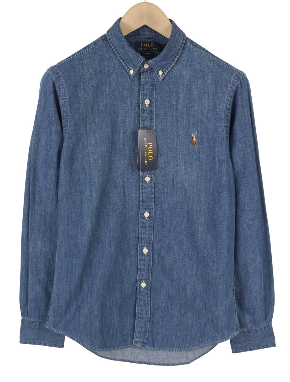 RALPH LAUREN Core Replen Men Shirt S Blue Denim Slim Button-Down Neck RRP159