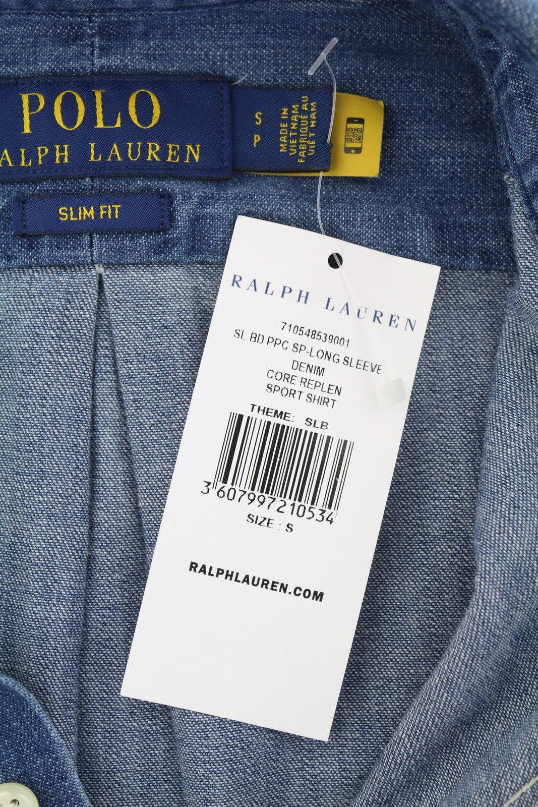 RALPH LAUREN Core Replen Men Shirt S Blue Denim Slim Button-Down Neck RRP159