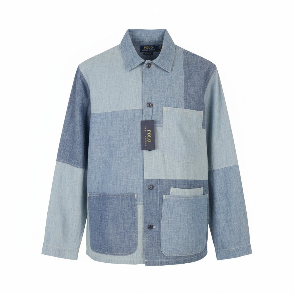 RALPH LAUREN Men Shirt S Blue Faded Patchwork Spread Collar RRP199