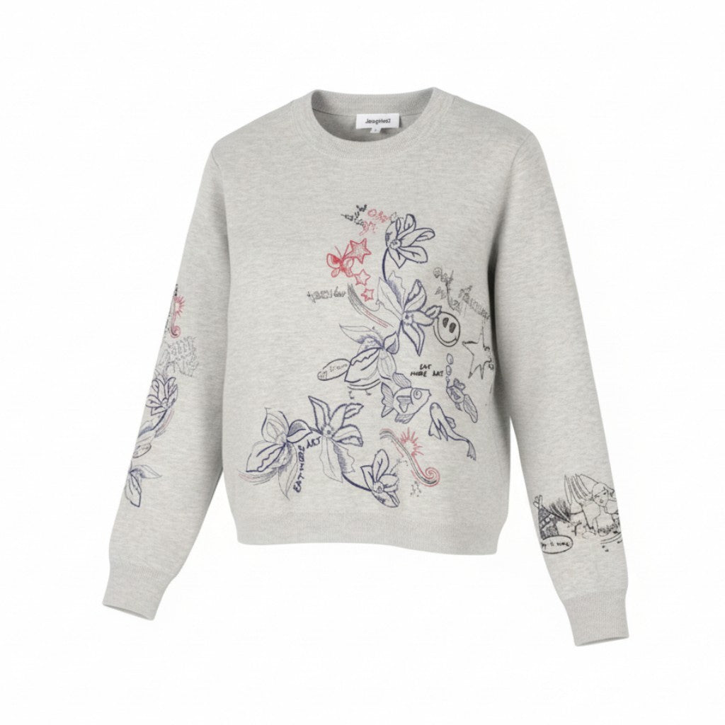 DESIGUAL Jers Laia Women Jumper L Melange Grey Embroidered Knit Pull On