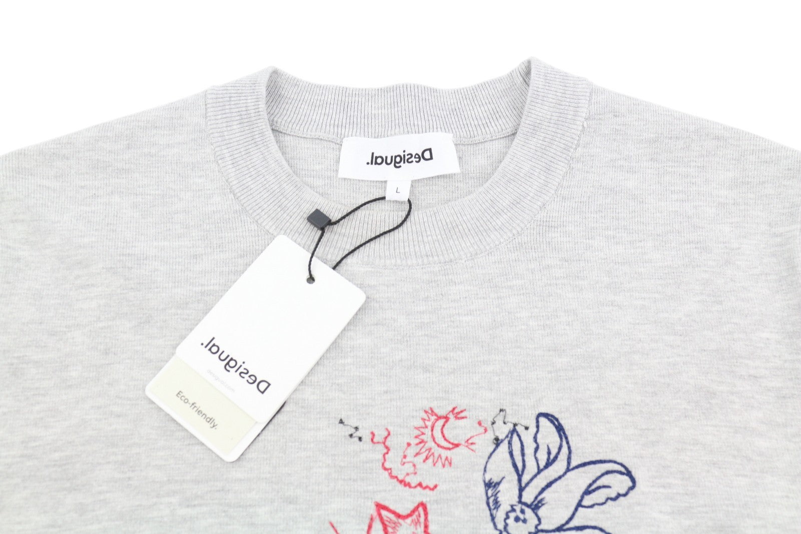 DESIGUAL Jers Laia Women Jumper L Melange Grey Embroidered Knit Pull On