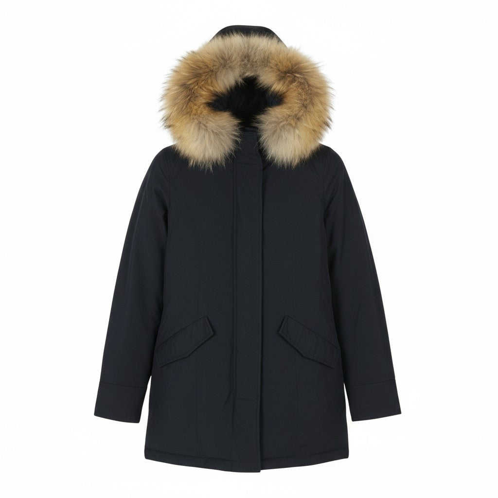 WOOLRICH Women Jacket XS Dark Blue Down Filled Fur Hood Full Zip
