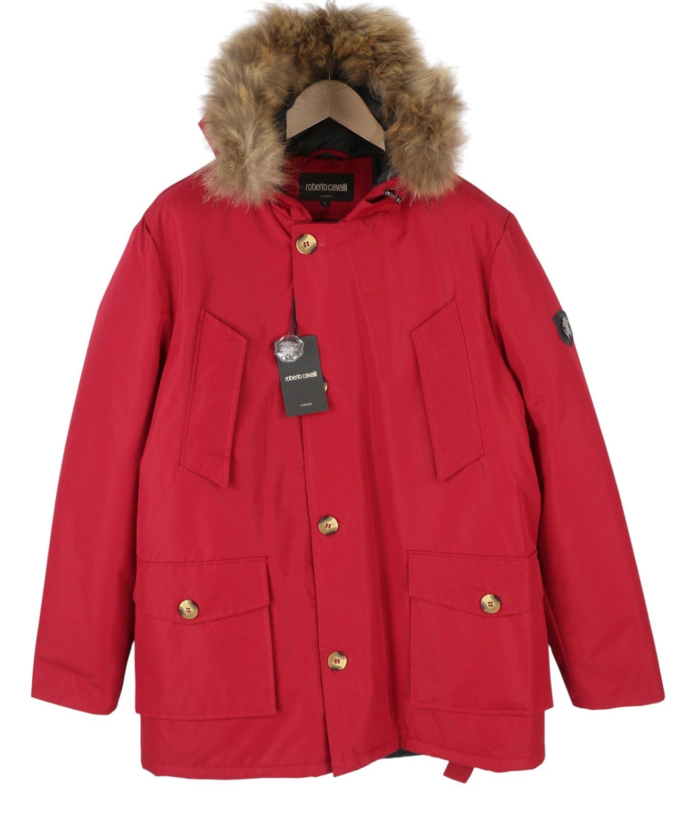 ROBERTO CAVALLI Men Jacket L Red Padded Hooded Full Zip Parka RRP560