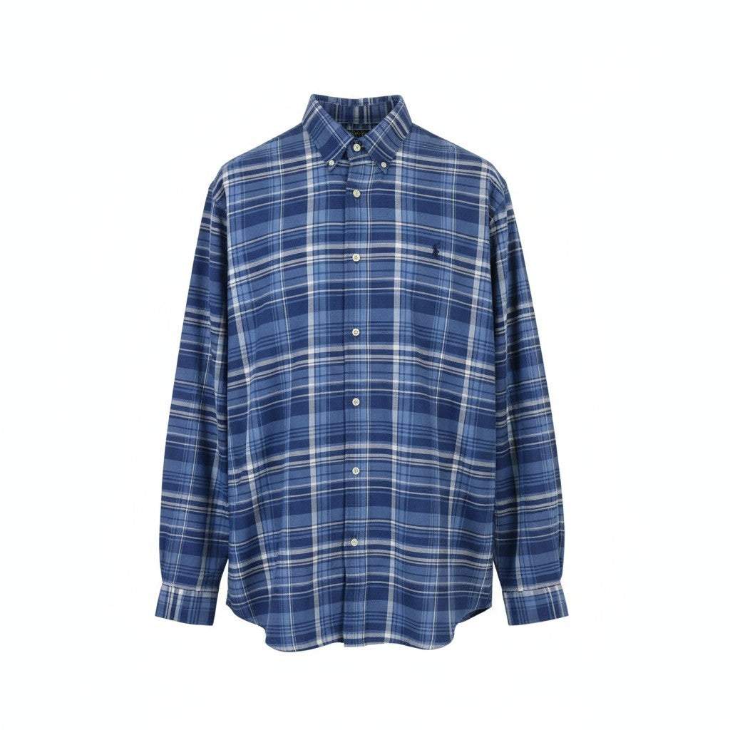 RALPH LAUREN Men Shirt 2XL Blue Indigo Oxford Plaid Classic Fit Button-Down