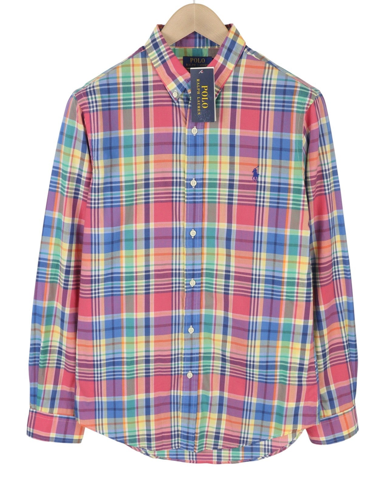 RALPH LAUREN Men Shirt M Colourful Check Slim Fit Button-Down Logo Casual