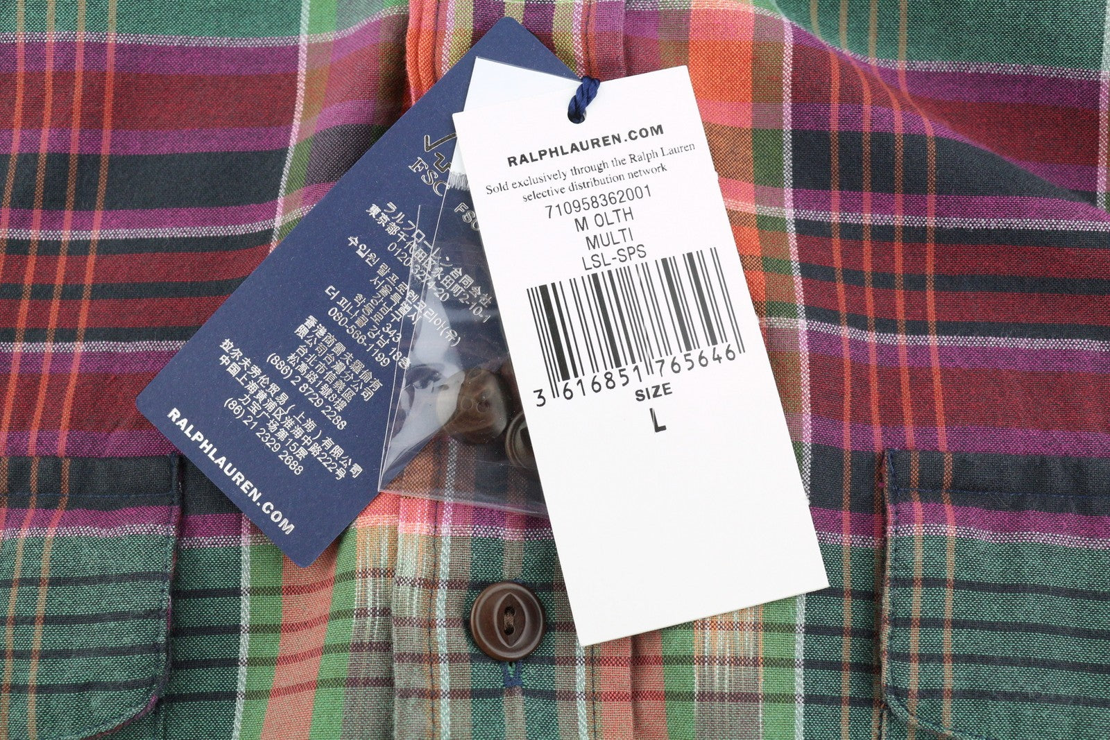 RALPH LAUREN Men Shirt L Colourful Check Classic Fit Spread Collar Roll-Up