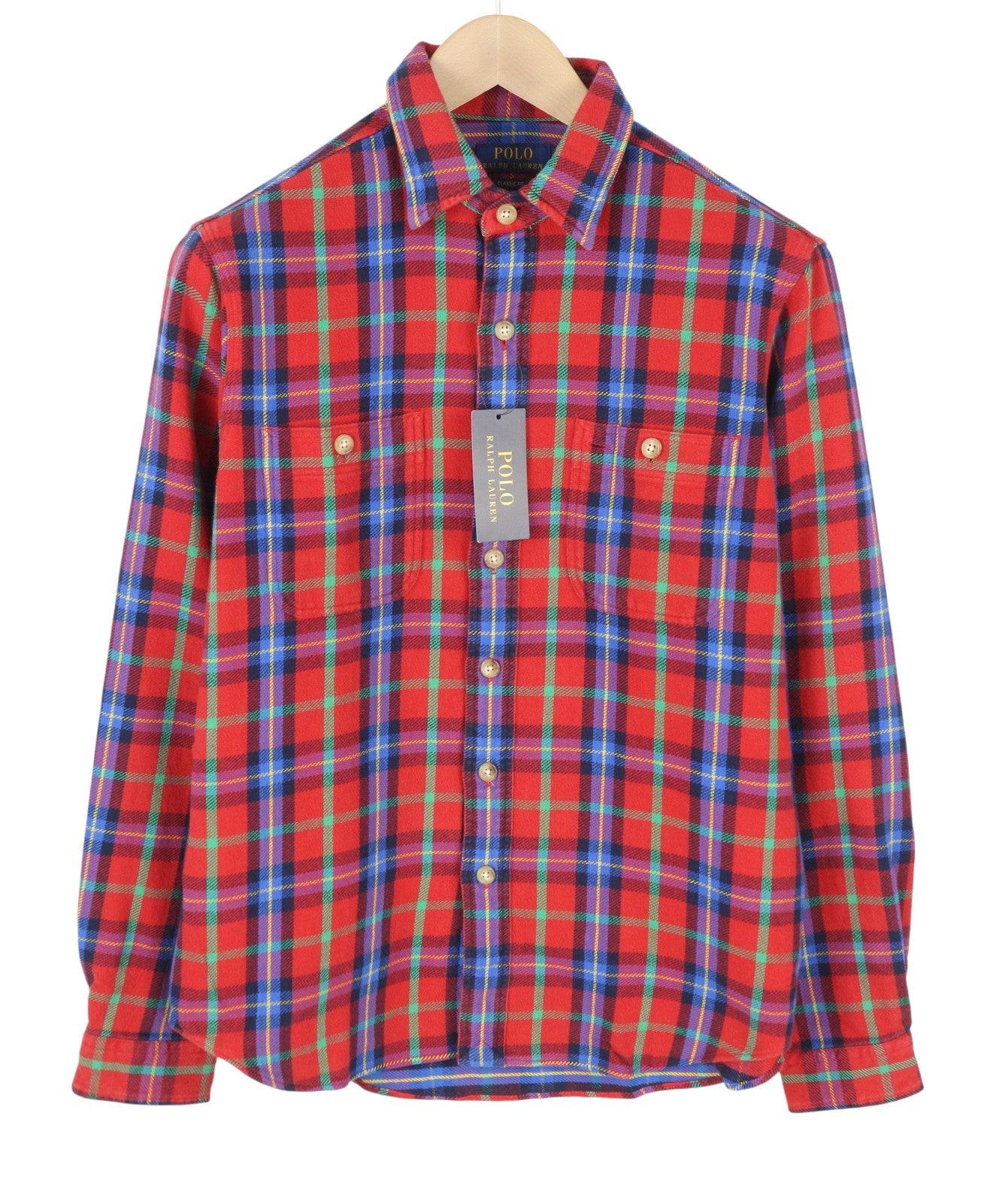 RALPH LAUREN Men Shirt M Red Plaid Classic Fit Spread Collar Thick Logo