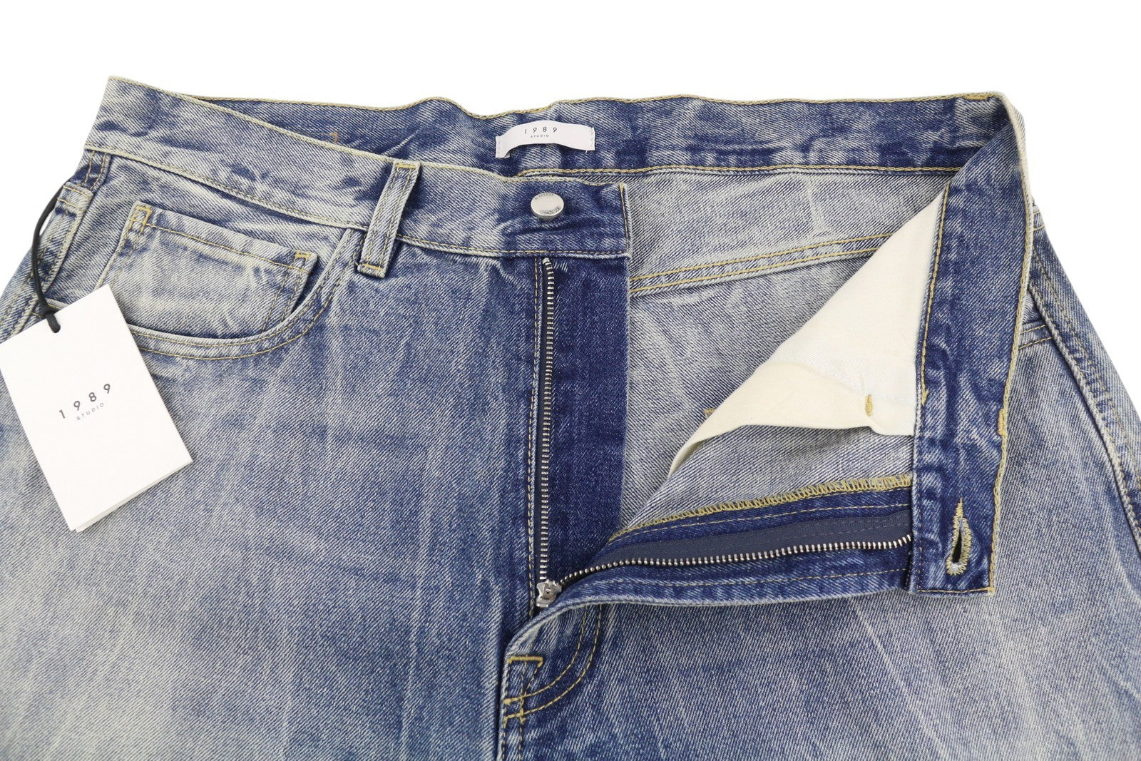 1989 STUDIO Men Jeans W33 Blue Faded Whiskers Straight Fit Distress Ripped Denim