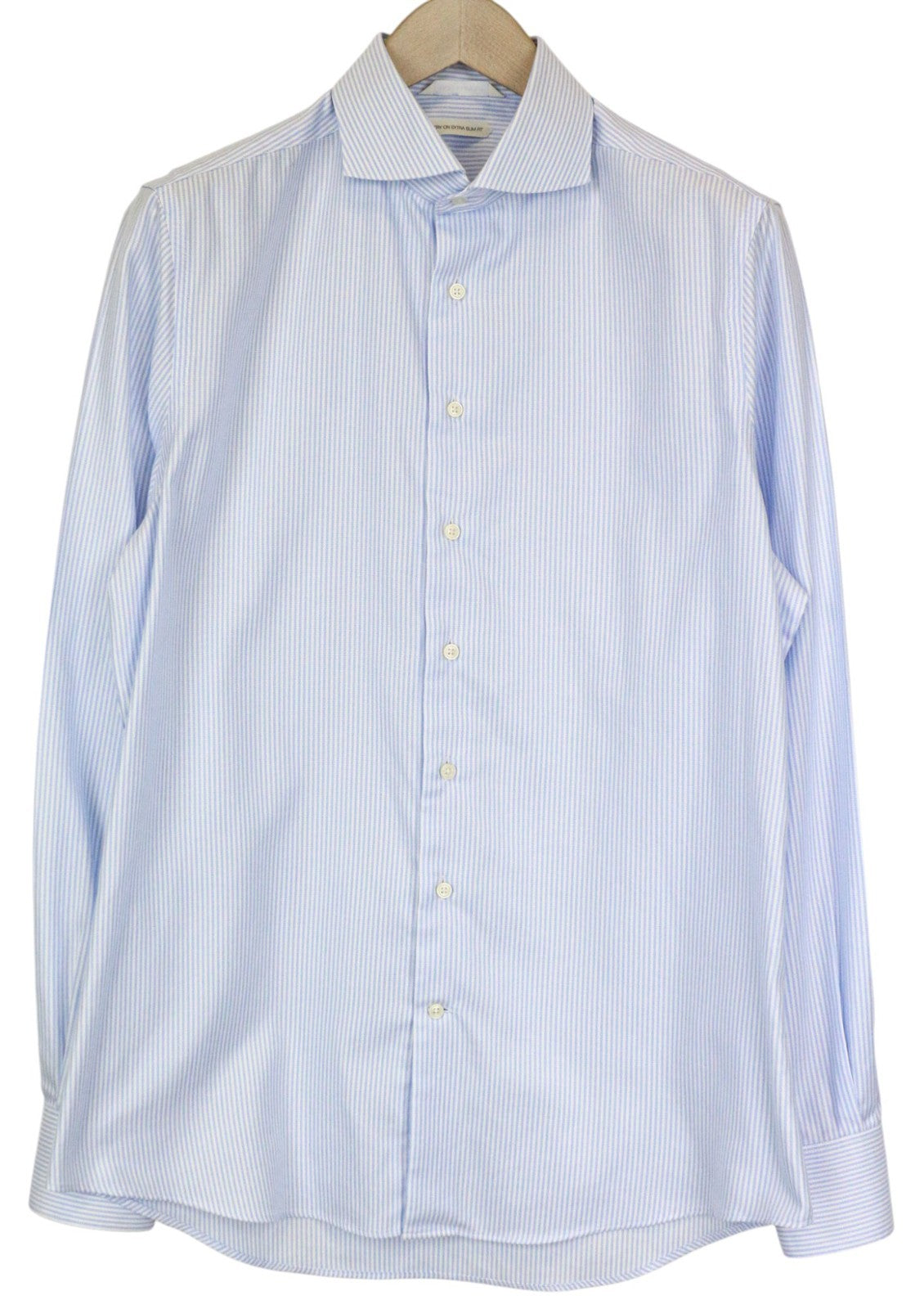 SUITSUPPLY Men's Shirt 41/16 Extra Slim Blue Striped Cotton Cutaway Long Sleeve