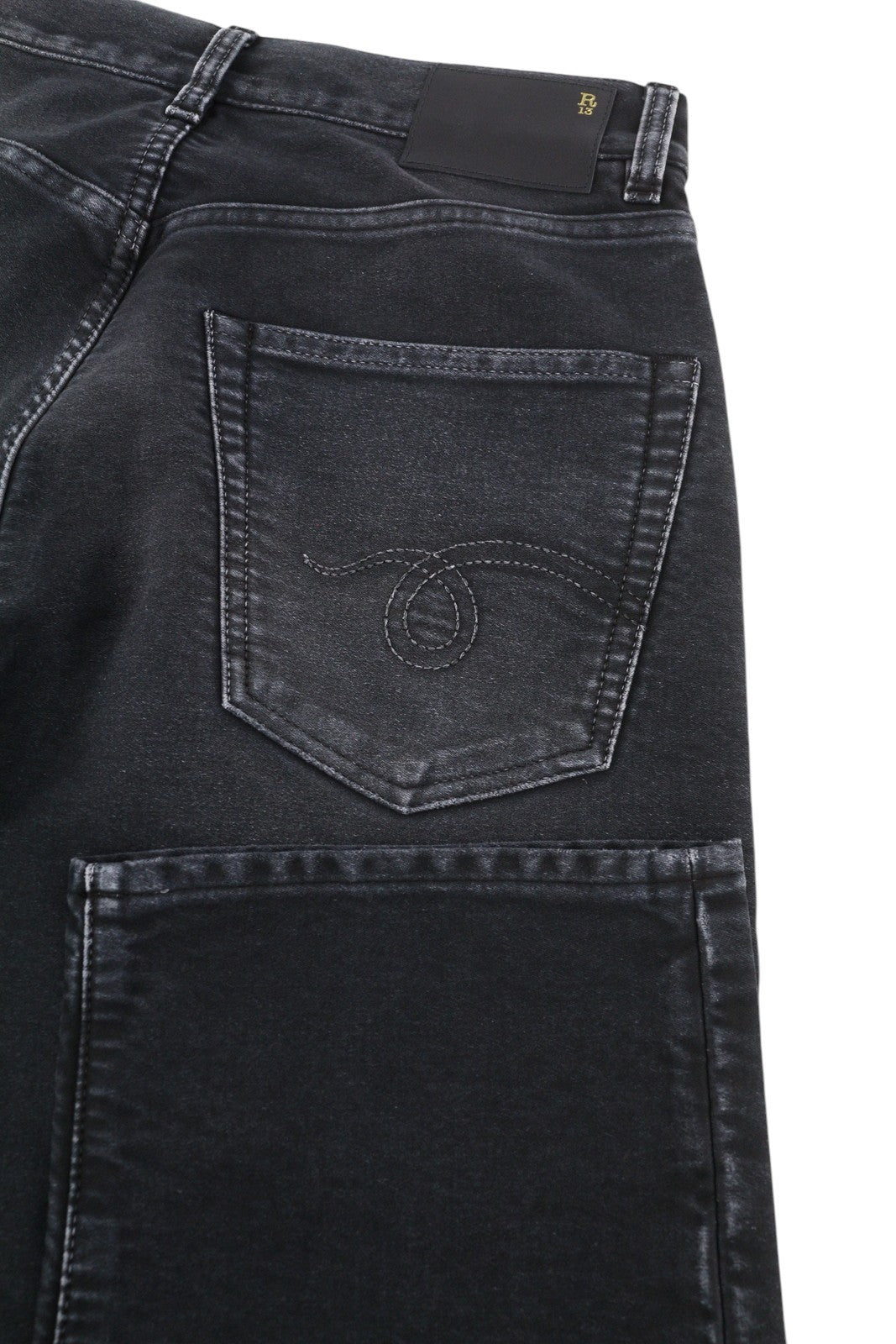 R13 X-BF Women Jeans 23 Black Garment Dyed Moleskin Cropped Zipper Denim FW25