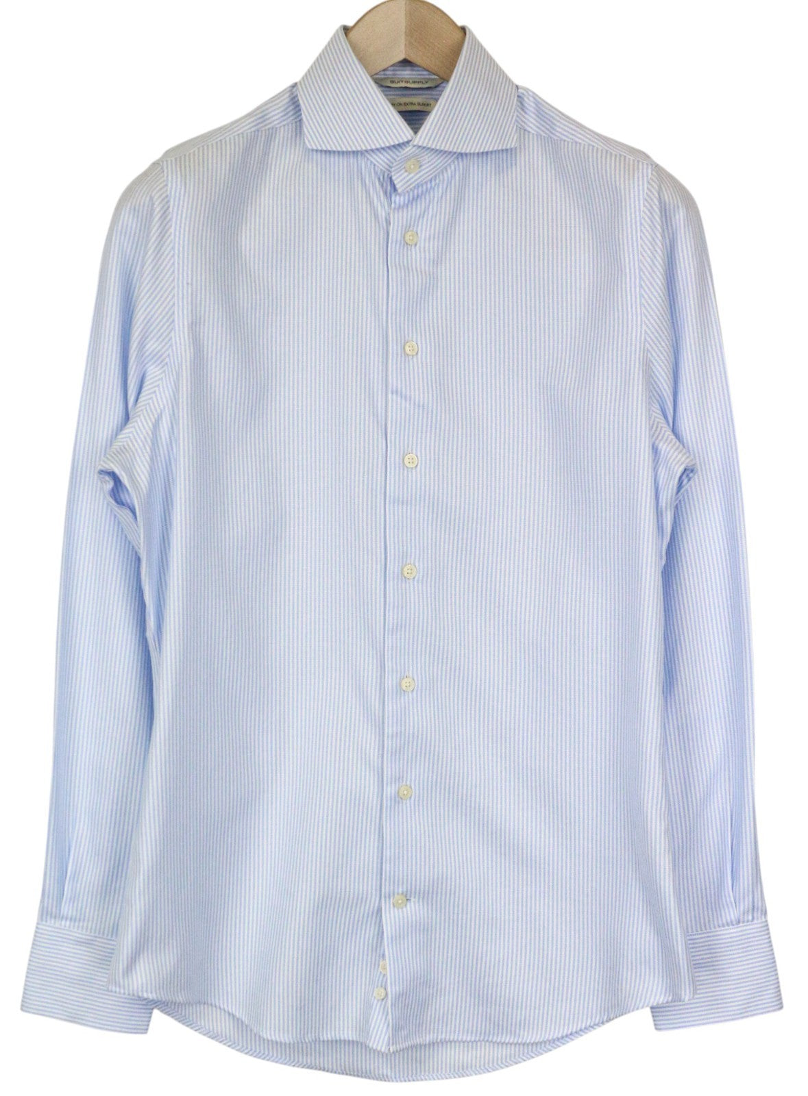 SUITSUPPLY Men's Shirt 38/15 Extra Slim Blue Striped Cotton Cutaway Twill