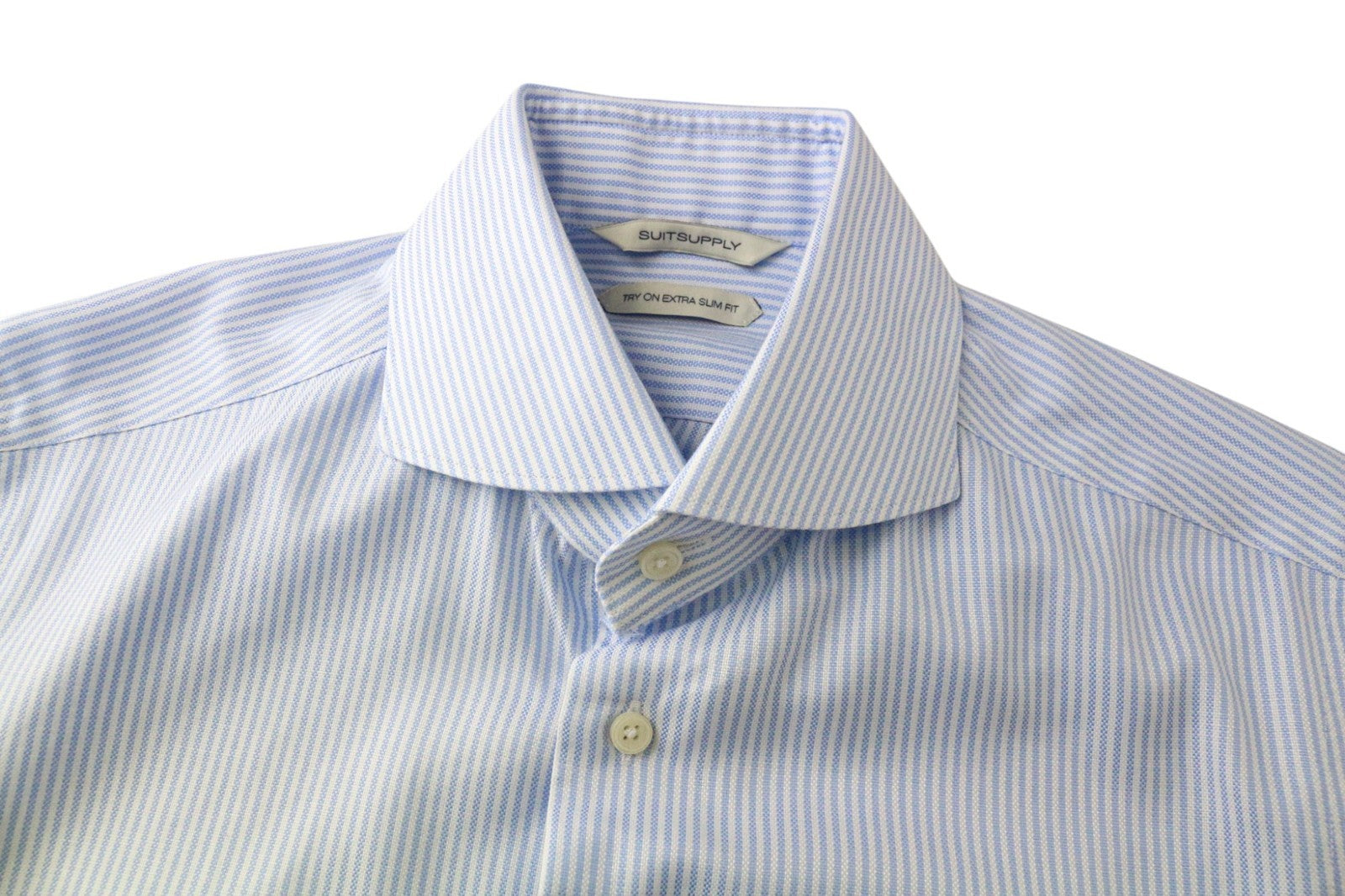 SUITSUPPLY Men's Shirt 38/15 Extra Slim Blue Striped Cotton Cutaway Twill