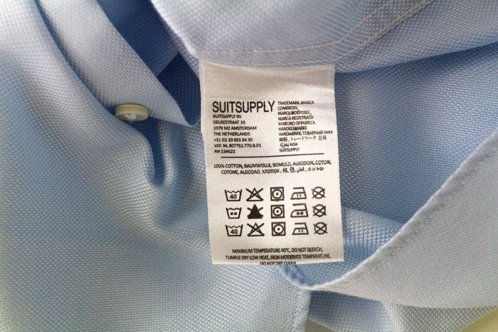 SUITSUPPLY Traveller Men's Shirt 39L/15 1/2L Slim Blue Cotton Long Sleeve