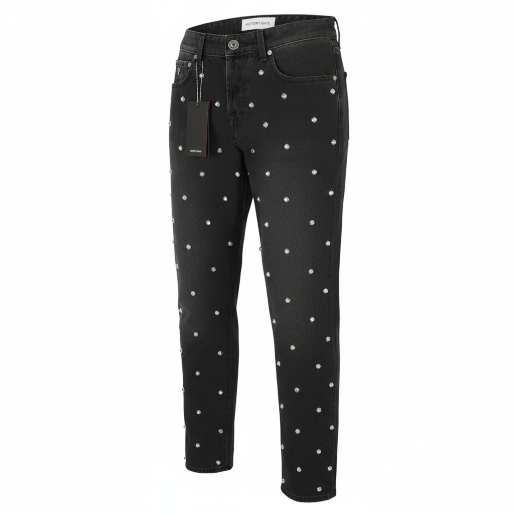 VICTORY GATE Denim Regular Fit Black Collection Studs Men Jeans W30 Faded RRP650