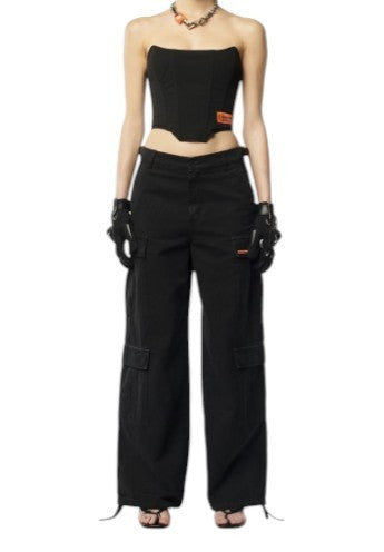 HERON PRESTON Vintage Wash Canvas Cargo Black Women Trousers XL W35 Low RRP649