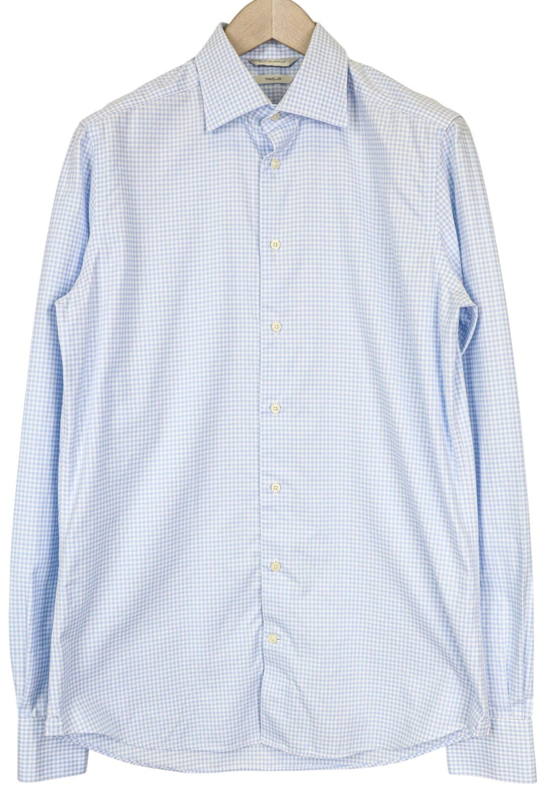SUITSUPPLY Men's Shirt 40-7/15 3/4L Slim Blue Cotton Checked Long Sleeve Shirt