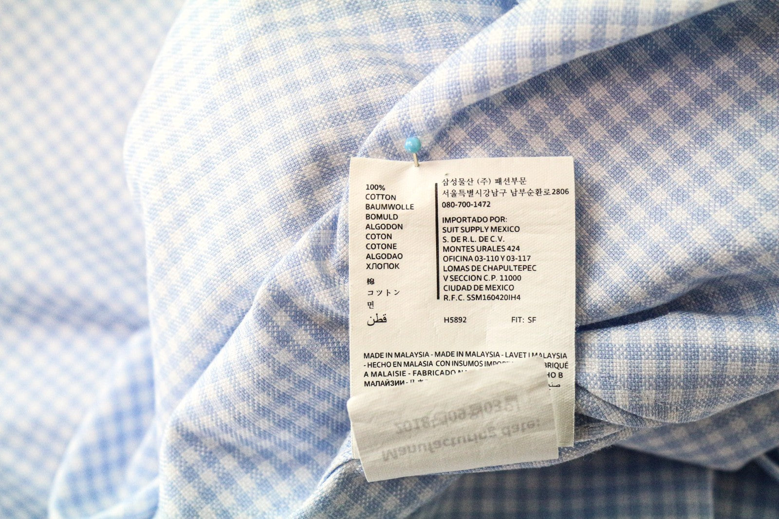 SUITSUPPLY Men's Shirt 40-7/15 3/4L Slim Blue Cotton Checked Long Sleeve Shirt