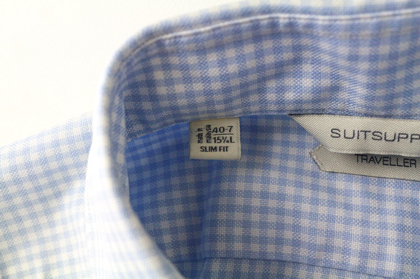 SUITSUPPLY Men's Shirt 40-7/15 3/4L Slim Blue Cotton Checked Long Sleeve Shirt