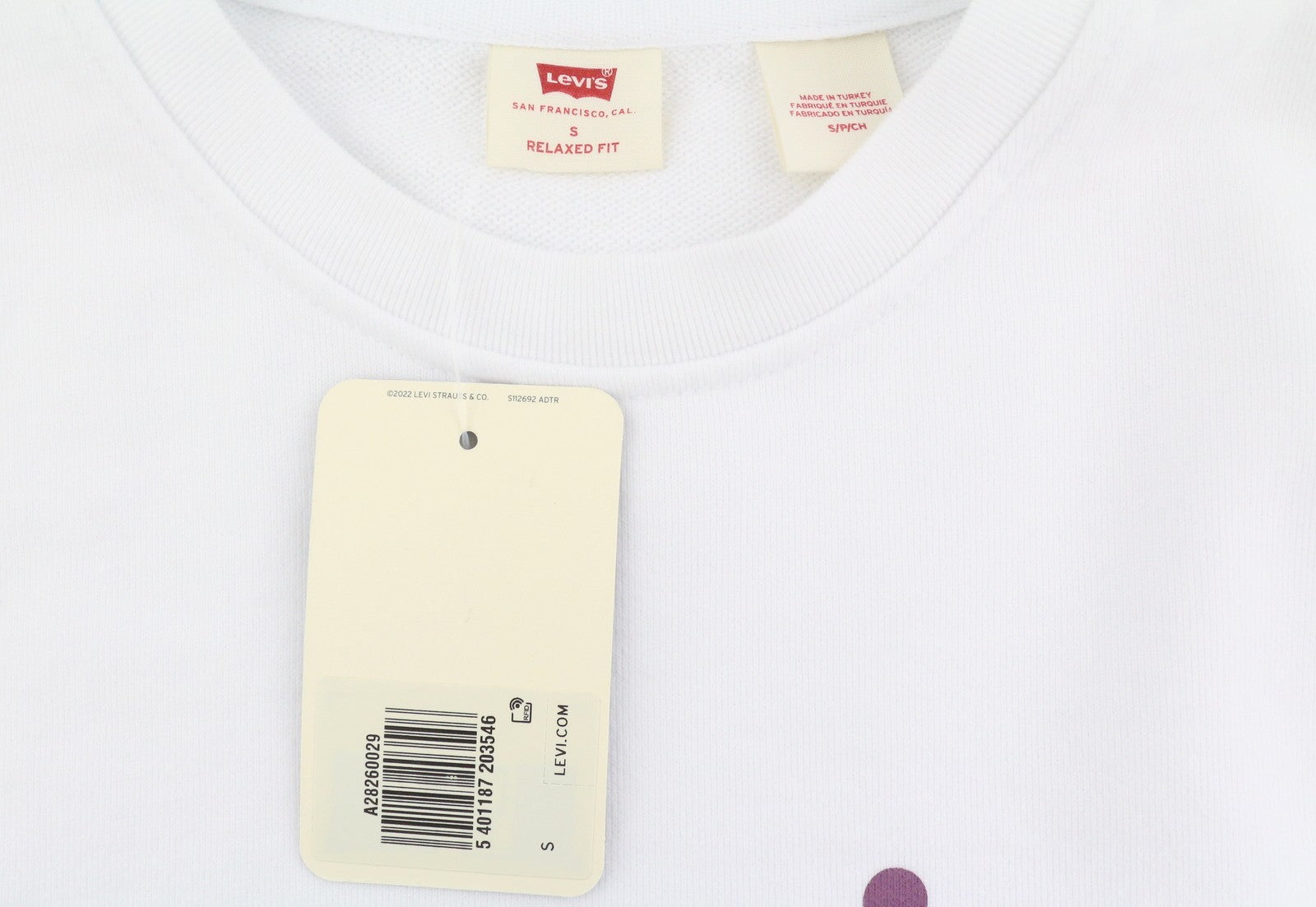 LEVI'S Relaxed Fit Men Sweatshirt S White Crew Collar Graphic Logo Pull On