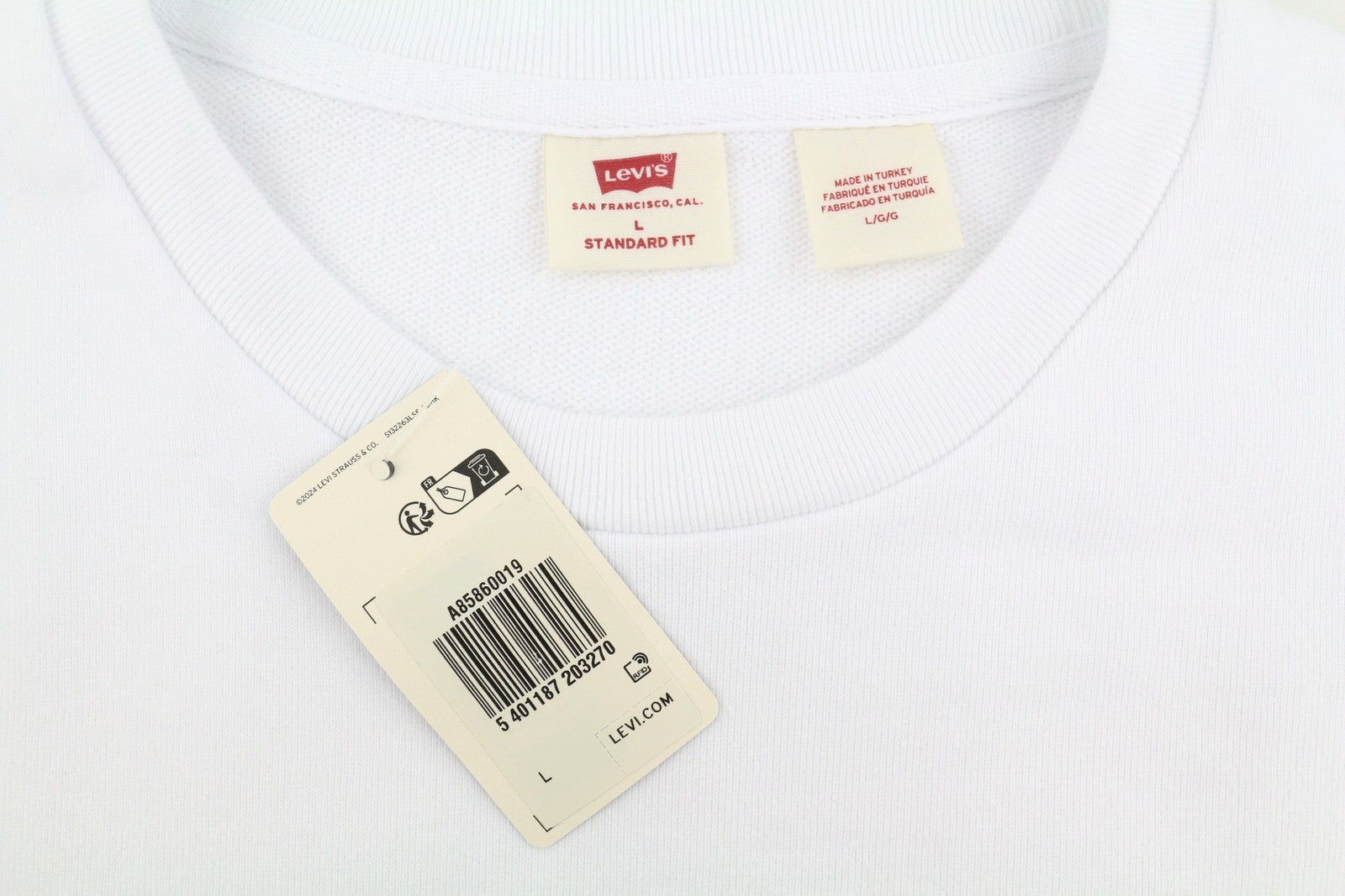 LEVI'S Standard Fit Men Sweatshirt L White Crew Collar Graphic Logo Pull On