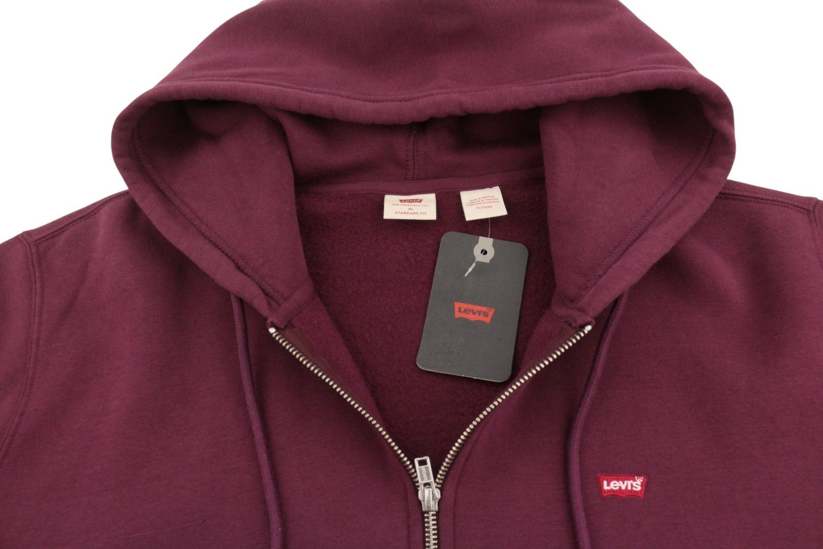 LEVI'S Standard Fit Men Hoodie XL Burgundy Full Zip Patch Logo Hooded
