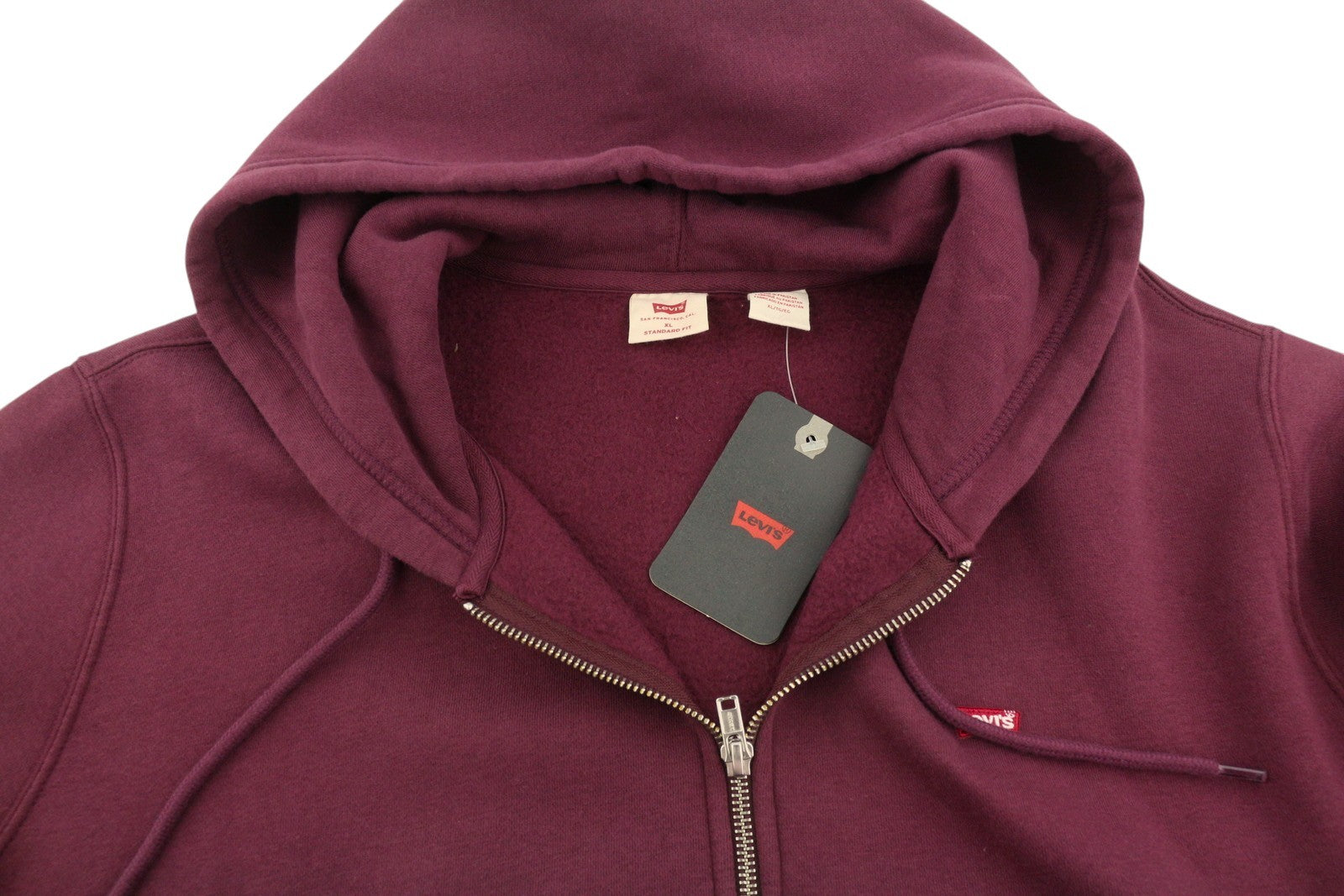 LEVI'S Standard Fit Men Hoodie XL Burgundy Full Zip Hooded Patch Logo