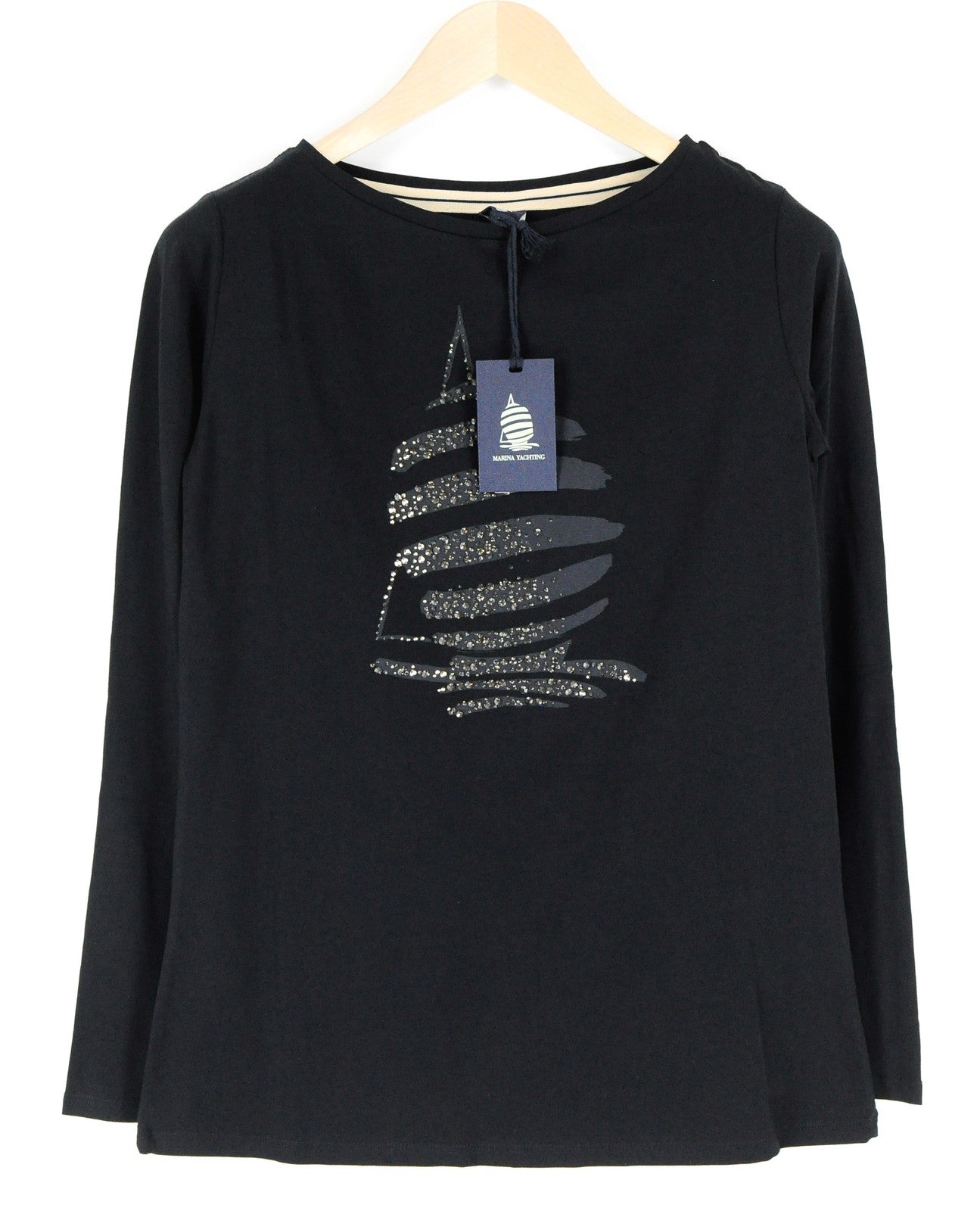 MARINA YACHTING Women T-Shirt XS Black Cotton Stretch Long Sleeved Pullover