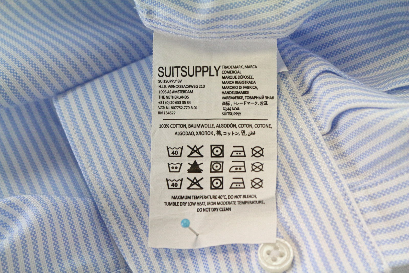 SUITSUPPLY Men's Formal Shirt 39/15 1/2 Extra Slim Blue Cotton Striped Sleeve