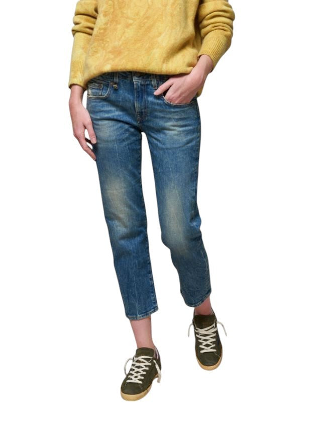 R13 Boy Straight Women Jeans 29 Kelly Stretch Cropped Zip Faded Blue RRP699