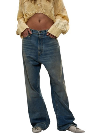 R13 Venti Women Jeans 25 Veiled Blue Whiskers Faded Baggy Low Rise