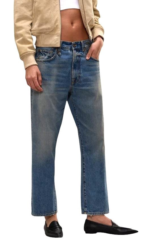 R13 X-BF Women Jeans 25 Merrin Low Waist Whiskered Blue Zip PF25 RRP799
