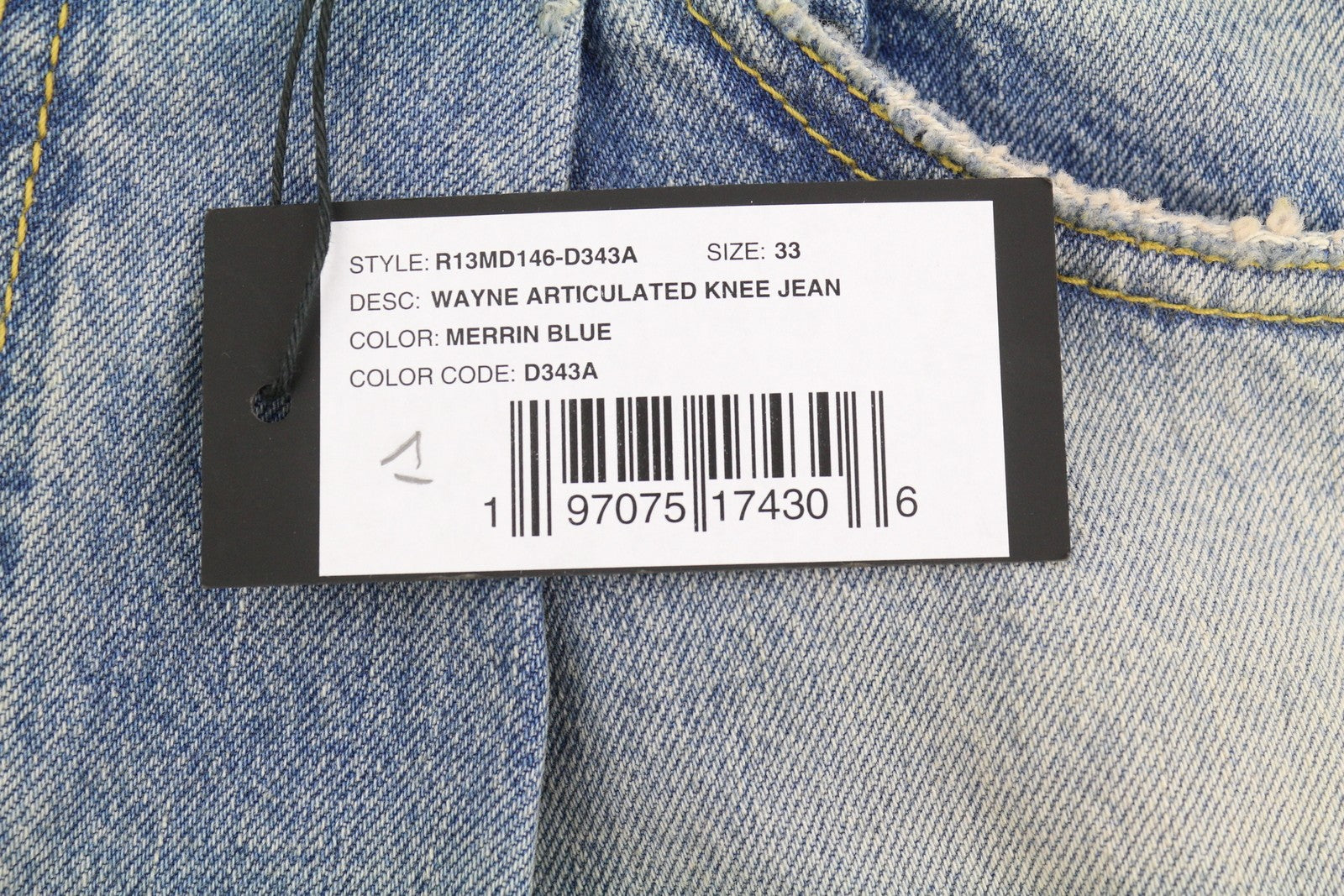 R13 Wayne Articulated Knee Men Jeans 33 Merrin Blue Whiskered PF25
