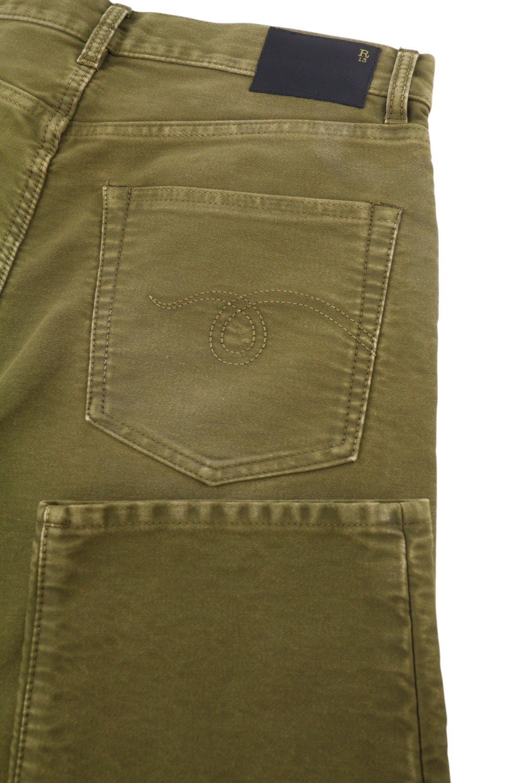 R13 Boyfriend Women Jeans 27 Olive Dyed Moleskin Zip FW25 RRP790