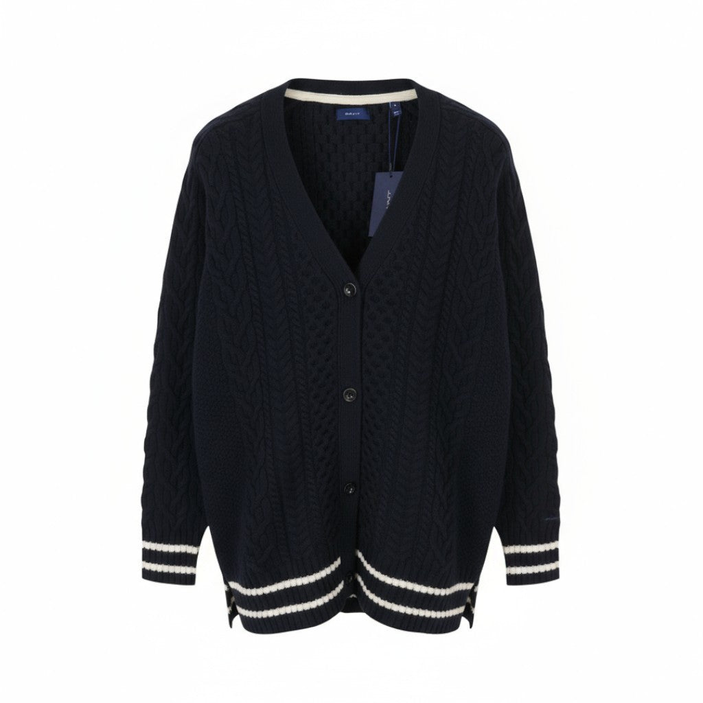 GANT Aran Cable Cardigan Women Jumper M Blue Wool Button Logo