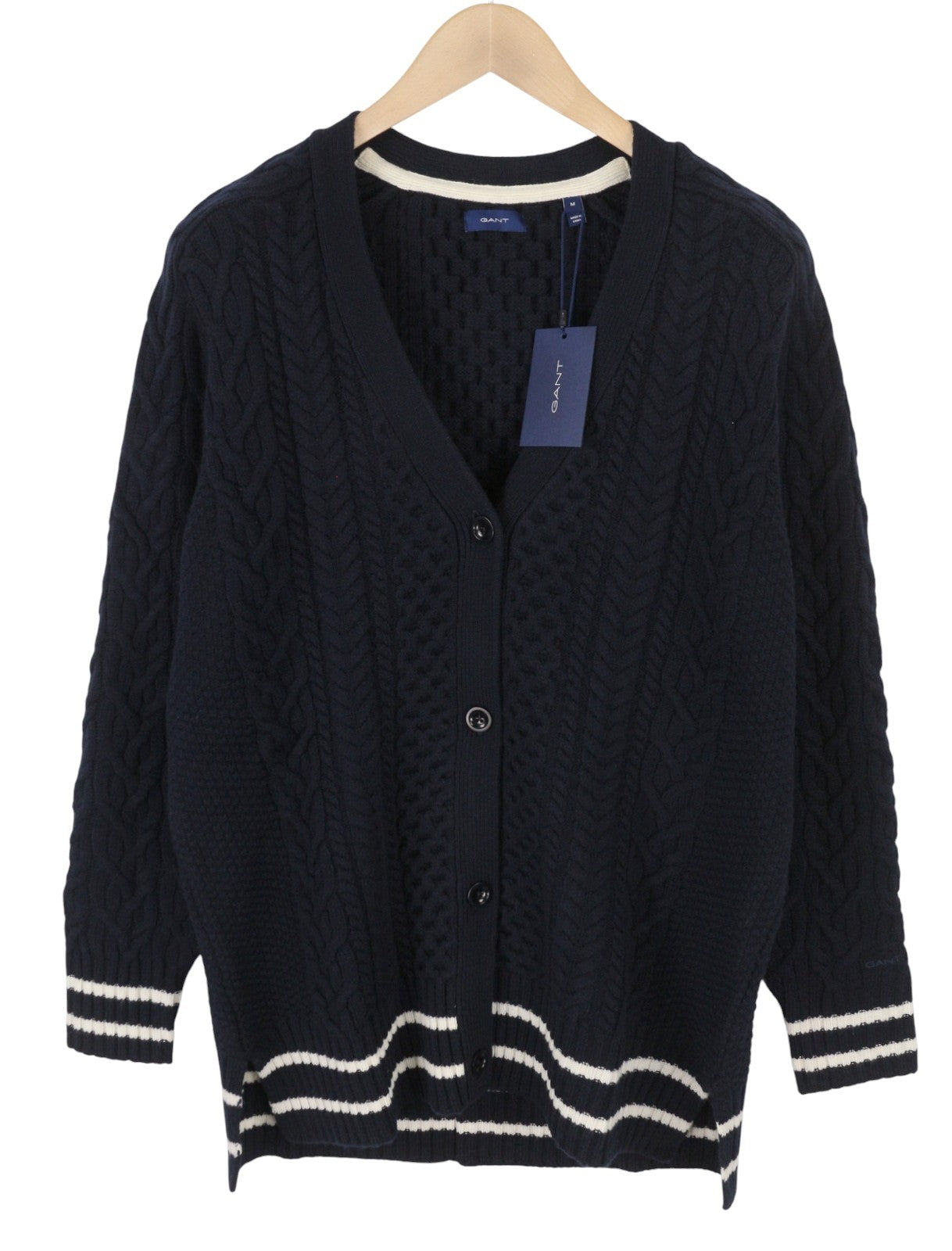 GANT Aran Cable Cardigan Women Jumper M Blue Wool Button Logo