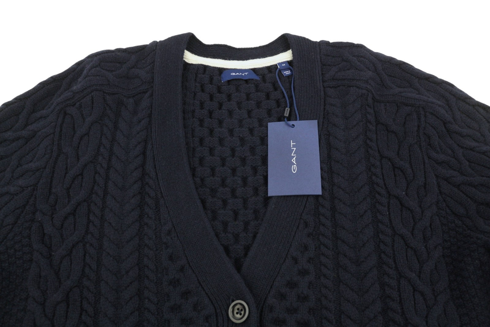 GANT Aran Cable Cardigan Women Jumper M Blue Wool Button Logo