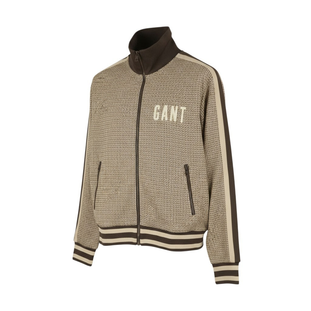 GANT Houndstooth Men Sweatshirt L Brown Pattern High Neck Zip