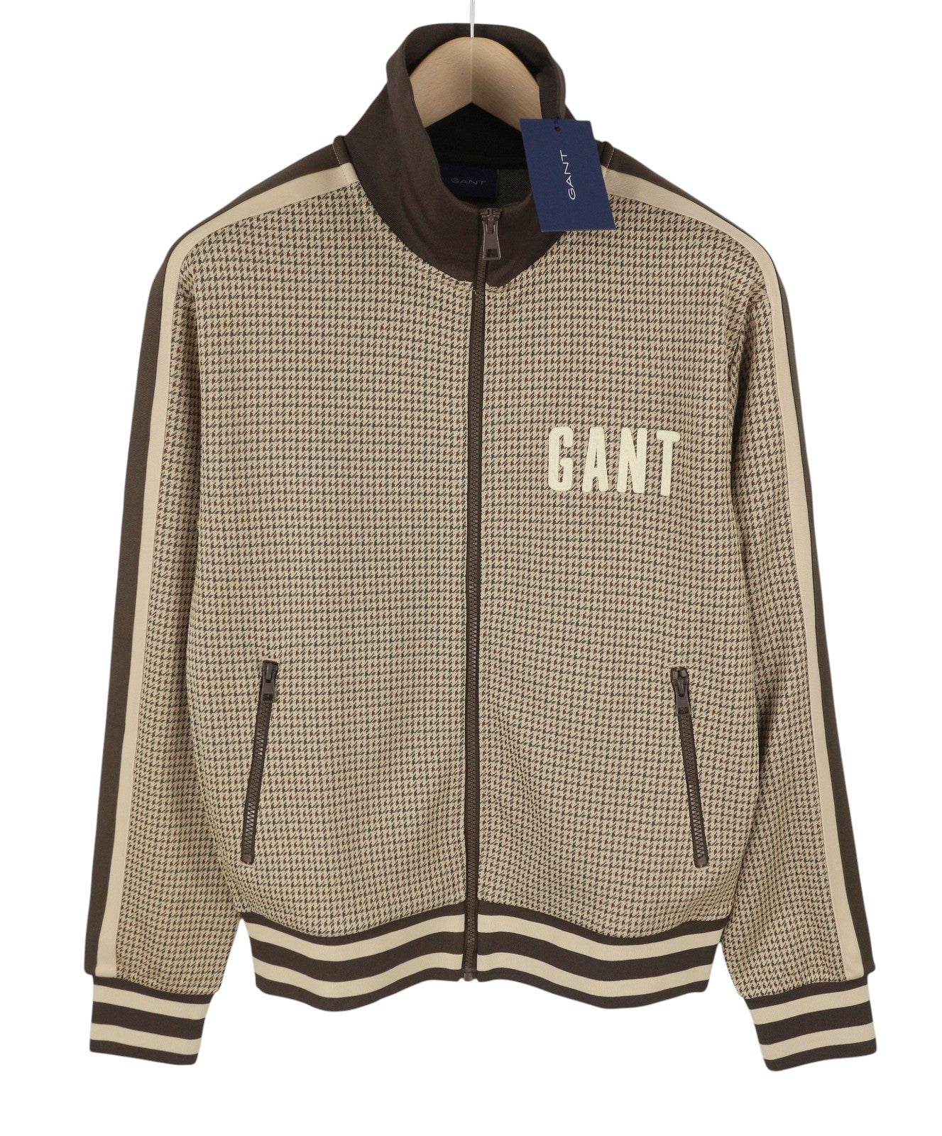 GANT Houndstooth Men Sweatshirt L Brown Pattern High Neck Zip