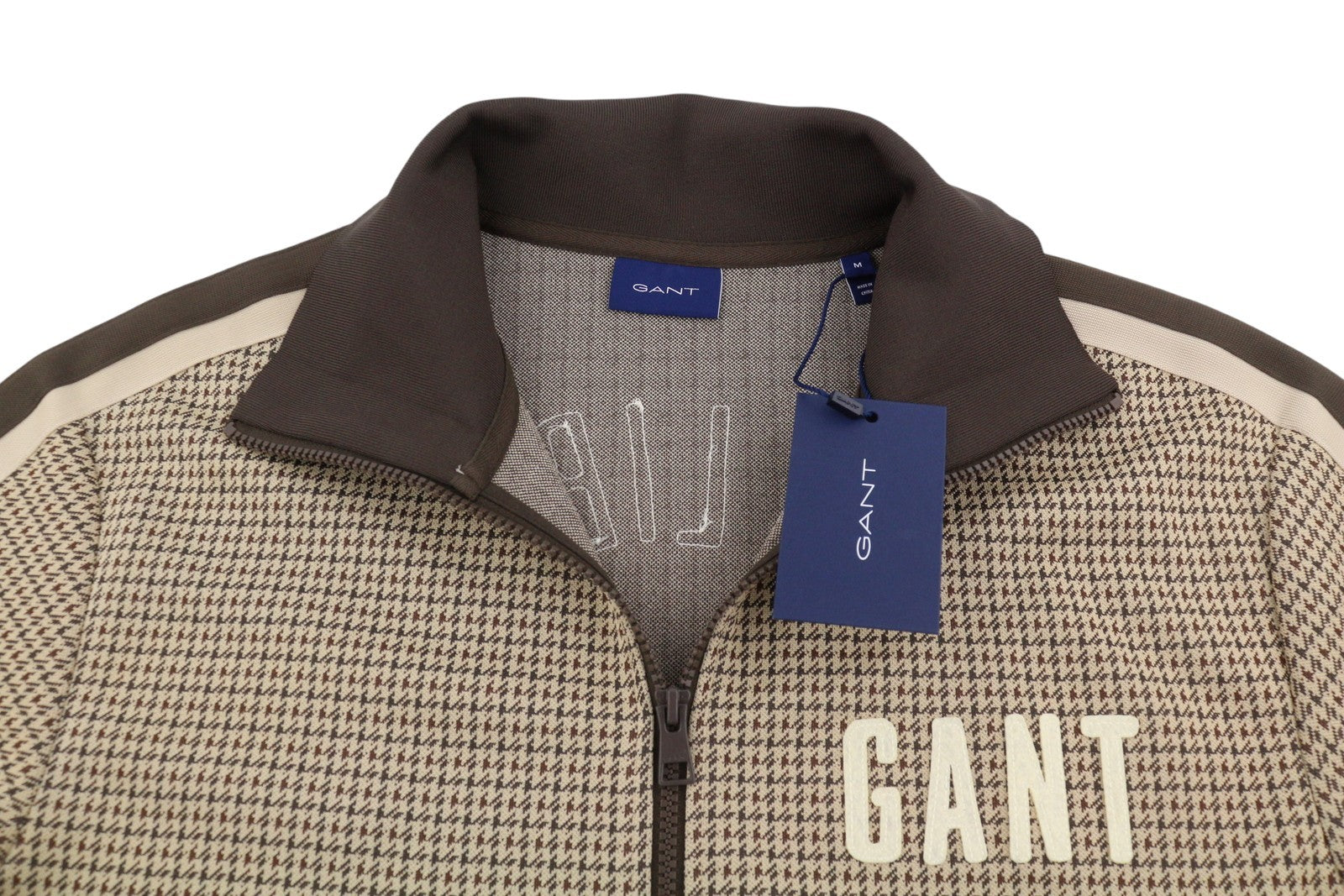 GANT Houndstooth Men Sweatshirt L Brown Pattern High Neck Zip