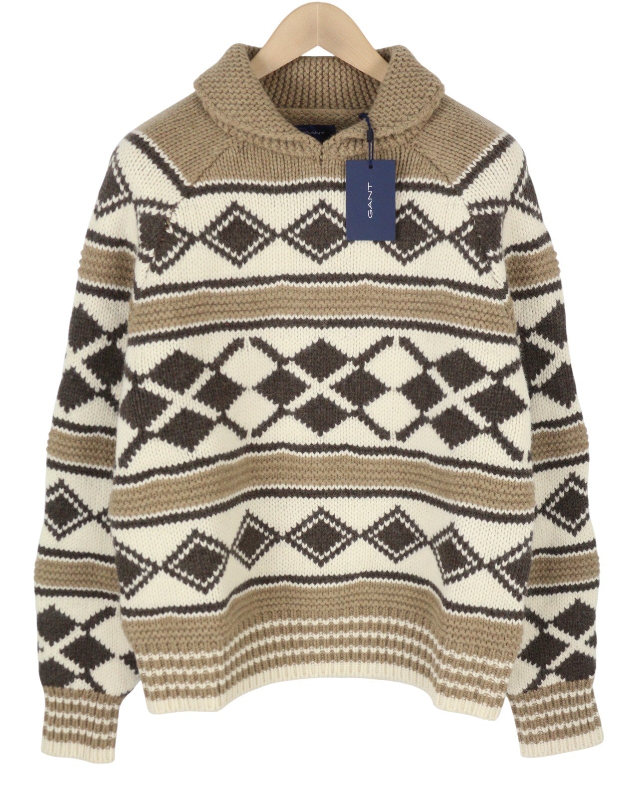 GANT Oversized Diamond Men Jumper M Brown Wool Alpaca Knit