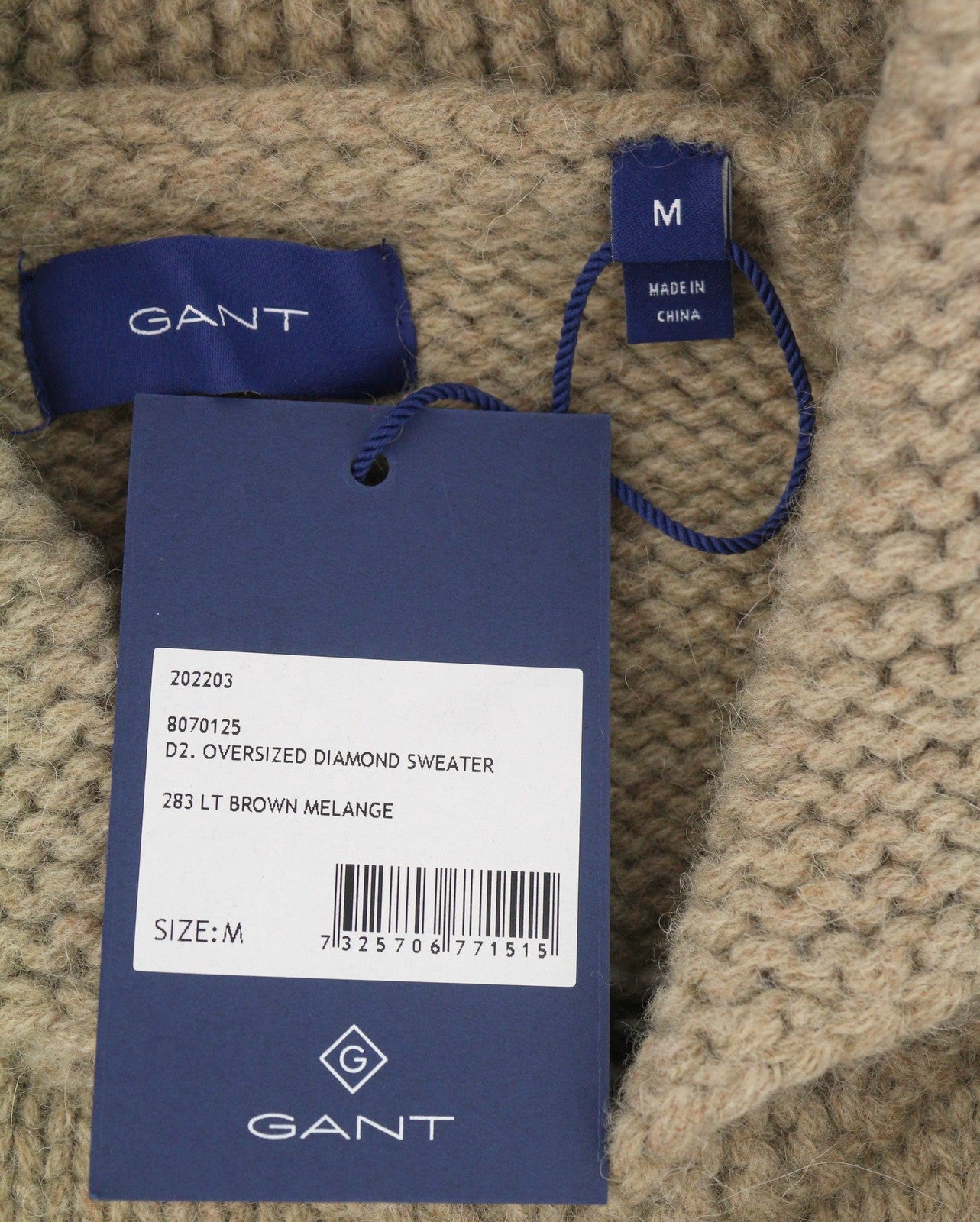 GANT Oversized Diamond Men Jumper M Brown Wool Alpaca Knit