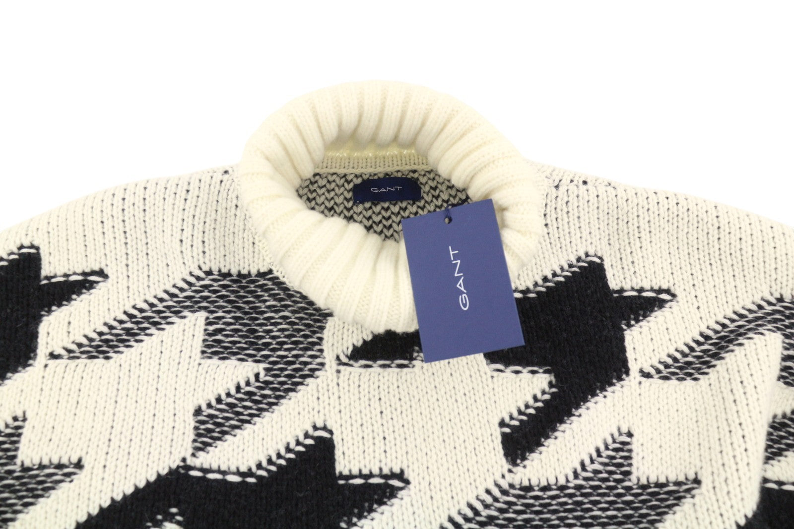 GANT Houndstooth Rollneck Men Jumper XL Cream Wool Knit