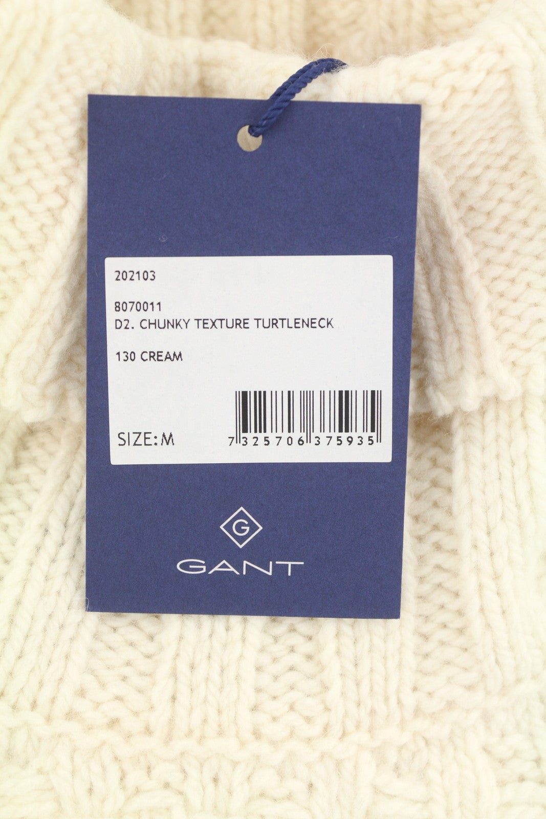 GANT Chunky Texture Turtleneck Men Jumper M Cream Wool Knit