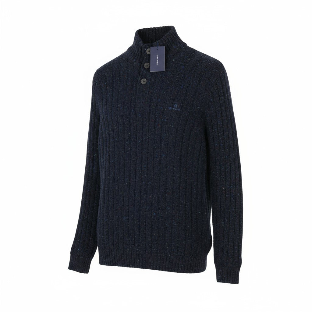 GANT Neps Buttons Mock Neck Men Jumper 2XL Blue Wool Knit