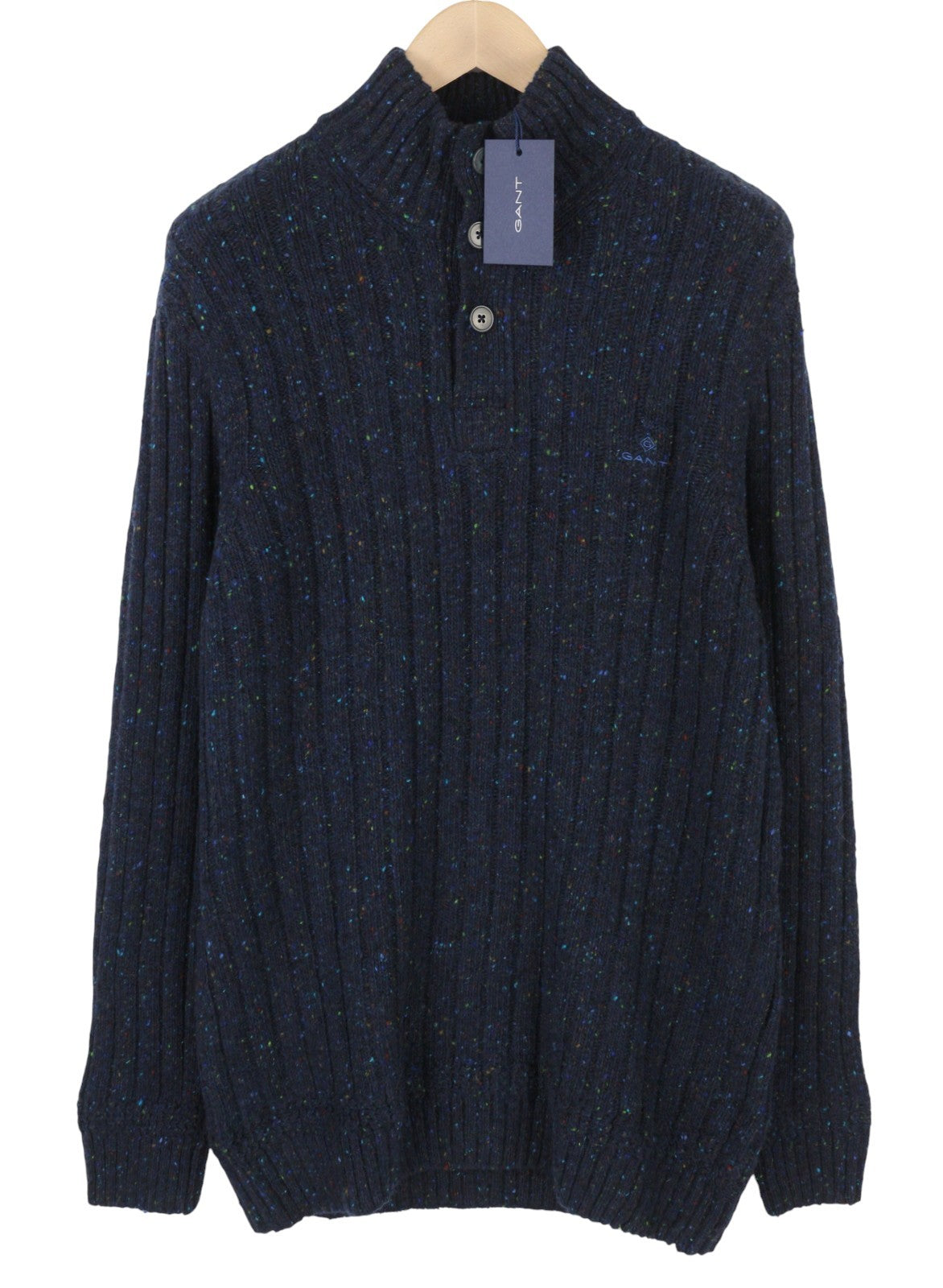 GANT Neps Buttons Mock Neck Men Jumper 2XL Blue Wool Knit