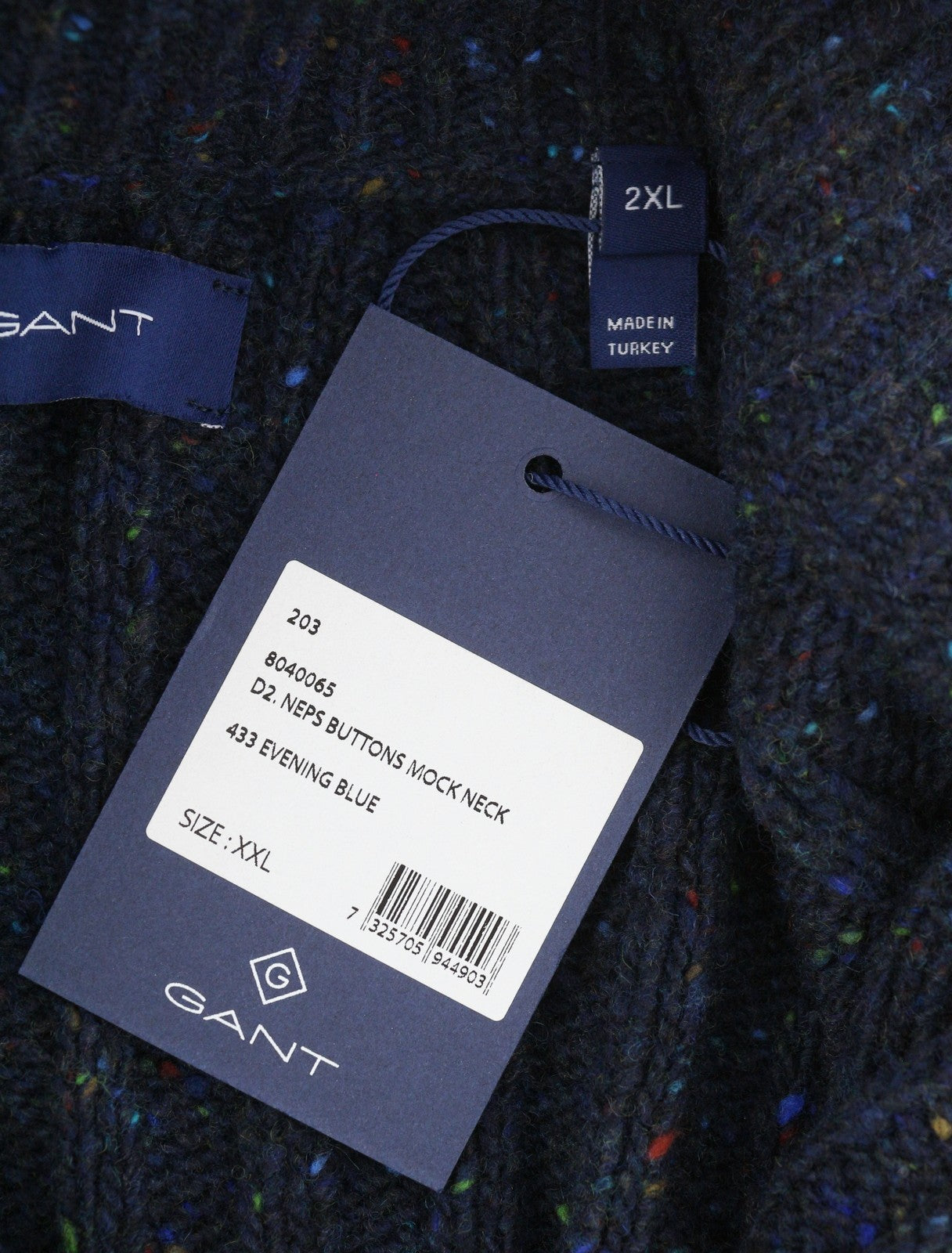 GANT Neps Buttons Mock Neck Men Jumper 2XL Blue Wool Knit
