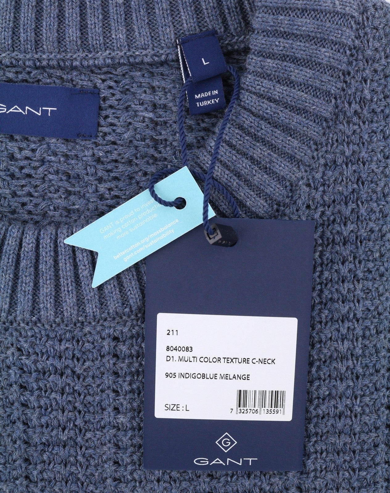 GANT Multi Color Texture C-Neck Men Jumper L Indigo Cotton