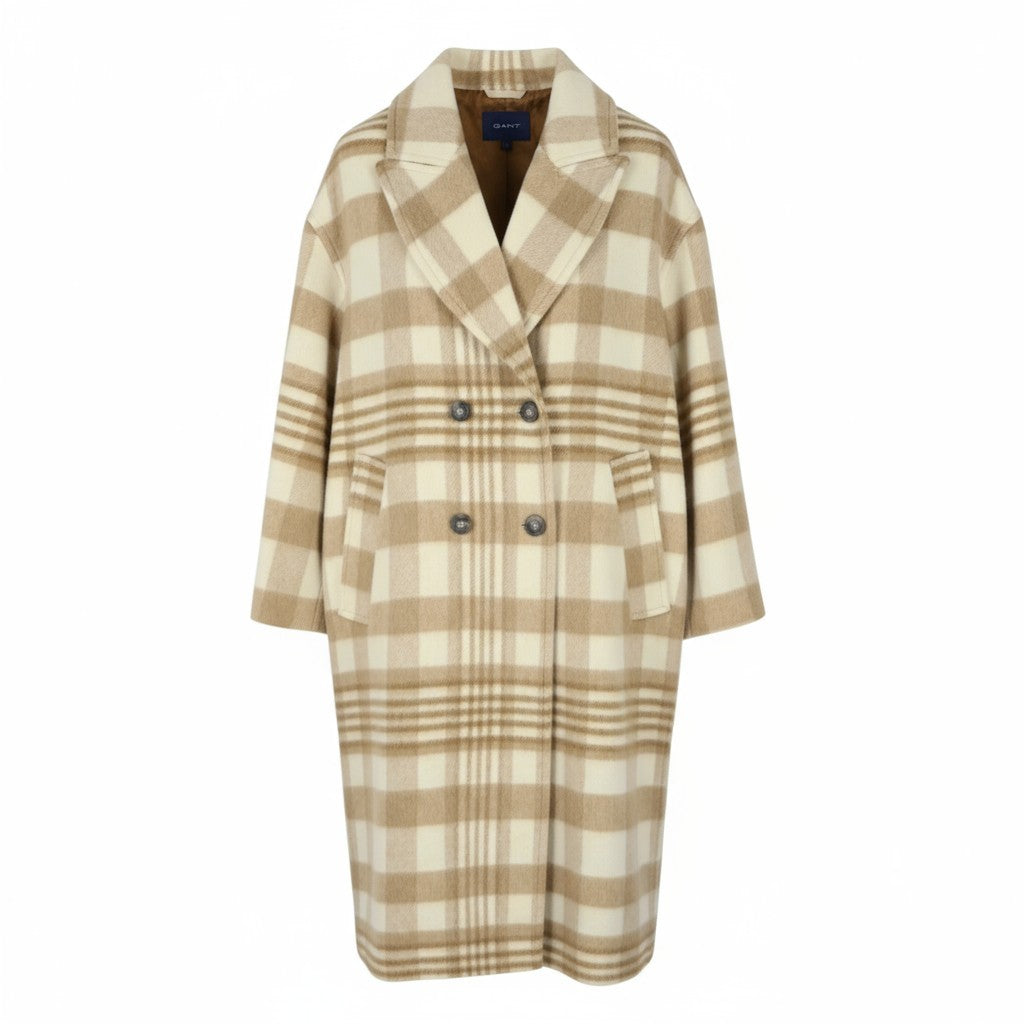 GANT Checked Overcoat Women Coat L Beige Plaid Wool RRP625