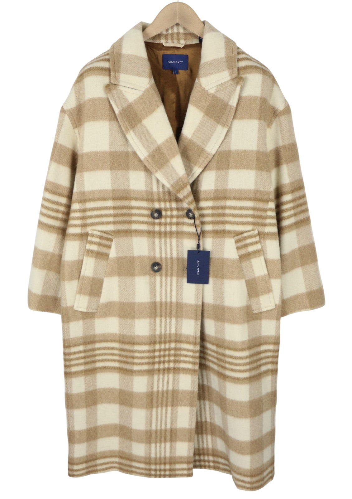 GANT Checked Overcoat Women Coat L Beige Plaid Wool RRP625