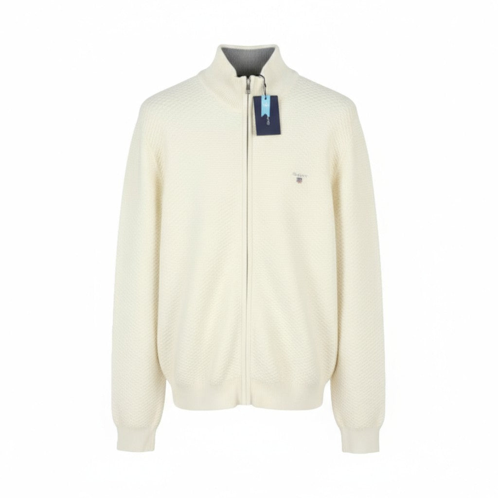 GANT Triangle Texture Full Zip Men Jumper XL Cream High Neck